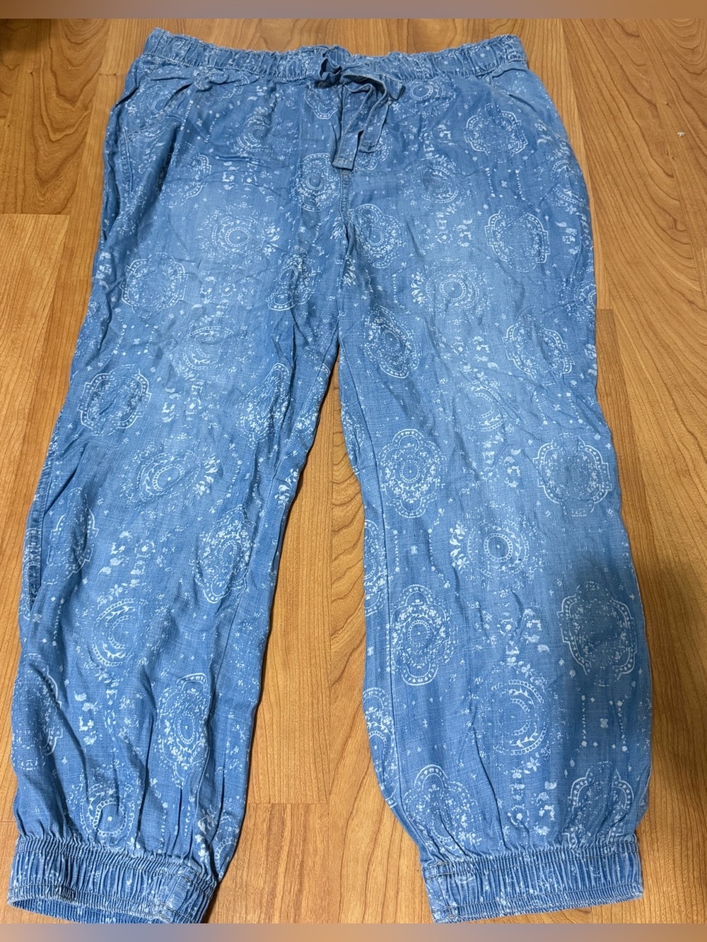 Knox Rose Chambray Lyocell Jogger Pants Light Blue Elastic Waist XL Floral